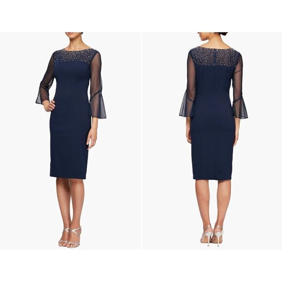 New Alex Evenings Women's Size 14 Embellished Short Sheath Cocktail Dress Navy - Picture 1 of 11